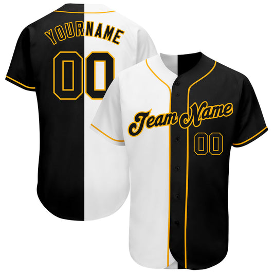 Custom White-Black Gold Authentic Split Fashion Baseball Jersey - Main View