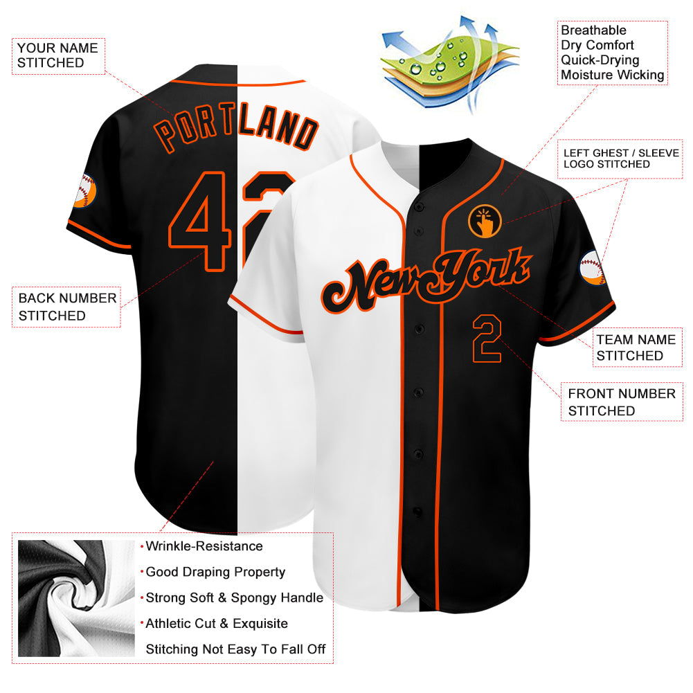 Custom White-Black Orange Authentic Split Fashion Baseball Jersey view 3