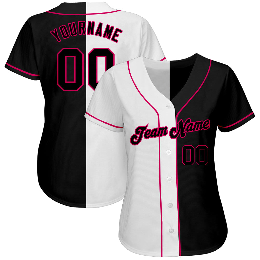 Custom White-Black Pink Authentic Split Fashion Baseball Jersey view 2