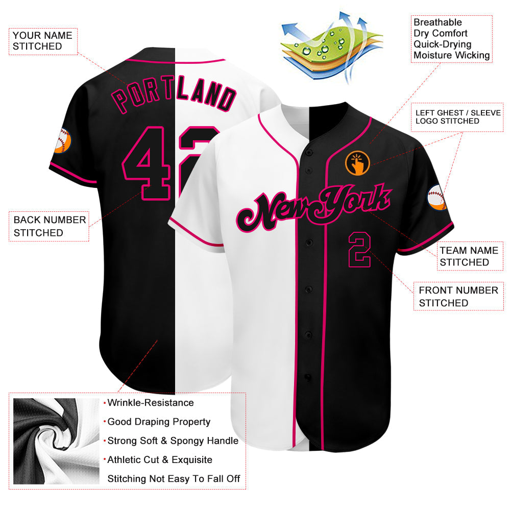 Custom White-Black Pink Authentic Split Fashion Baseball Jersey view 3
