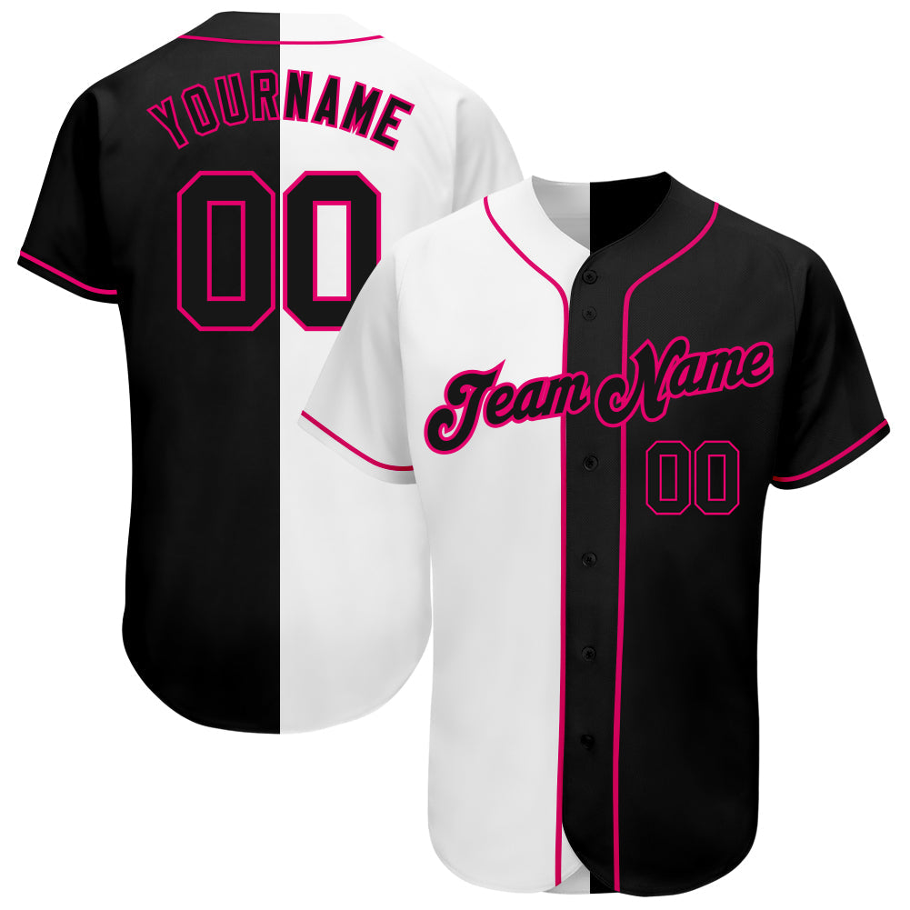 Custom White-Black Pink Authentic Split Fashion Baseball Jersey - Main View