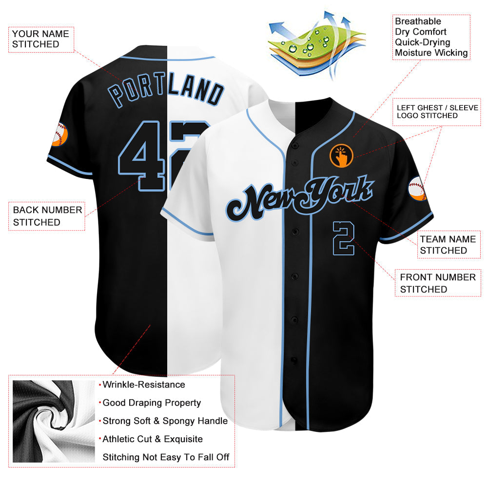 Custom White-Black Light Blue Authentic Split Fashion Baseball Jersey view 3