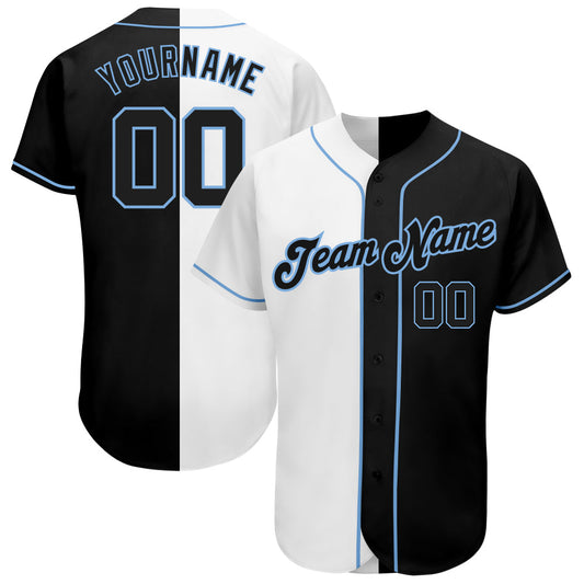 Custom White-Black Light Blue Authentic Split Fashion Baseball Jersey - Main View