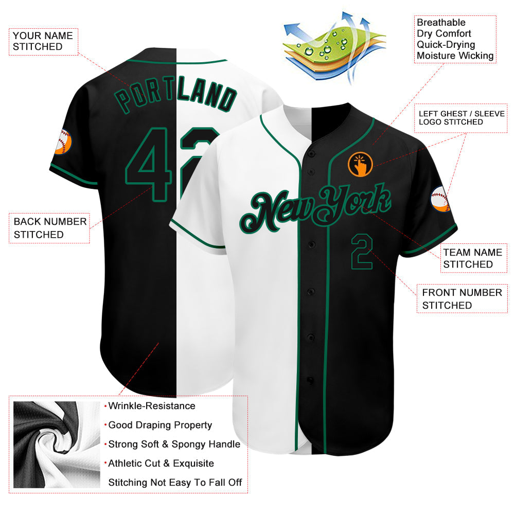 Custom White-Black Kelly Green Authentic Split Fashion Baseball Jersey view 3