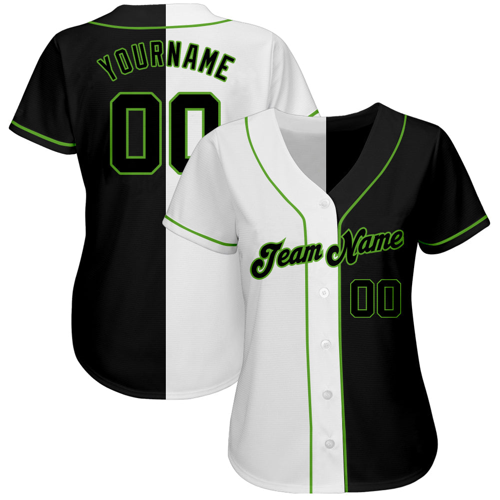 Custom White-Black Neon Green Authentic Split Fashion Baseball Jersey view 2