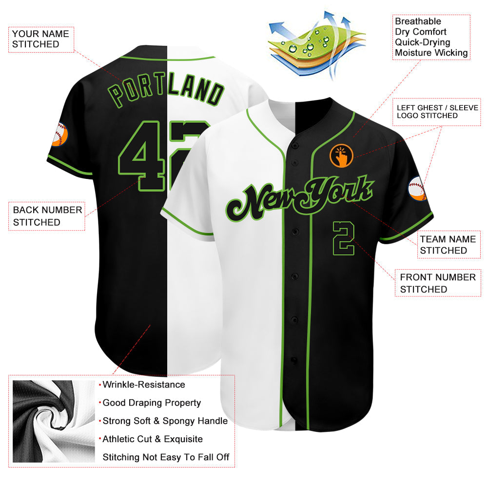 Custom White-Black Neon Green Authentic Split Fashion Baseball Jersey view 3