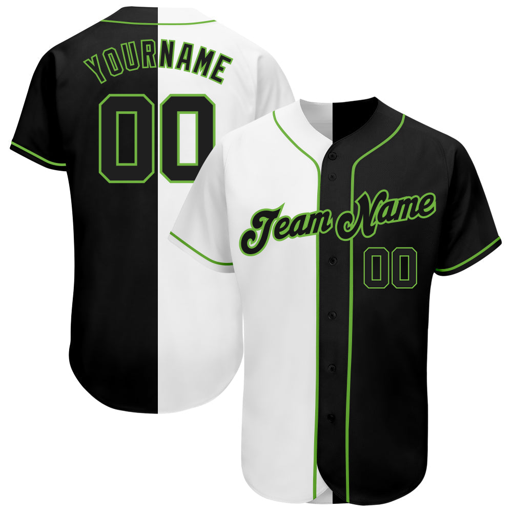 Custom White-Black Neon Green Authentic Split Fashion Baseball Jersey - Main View