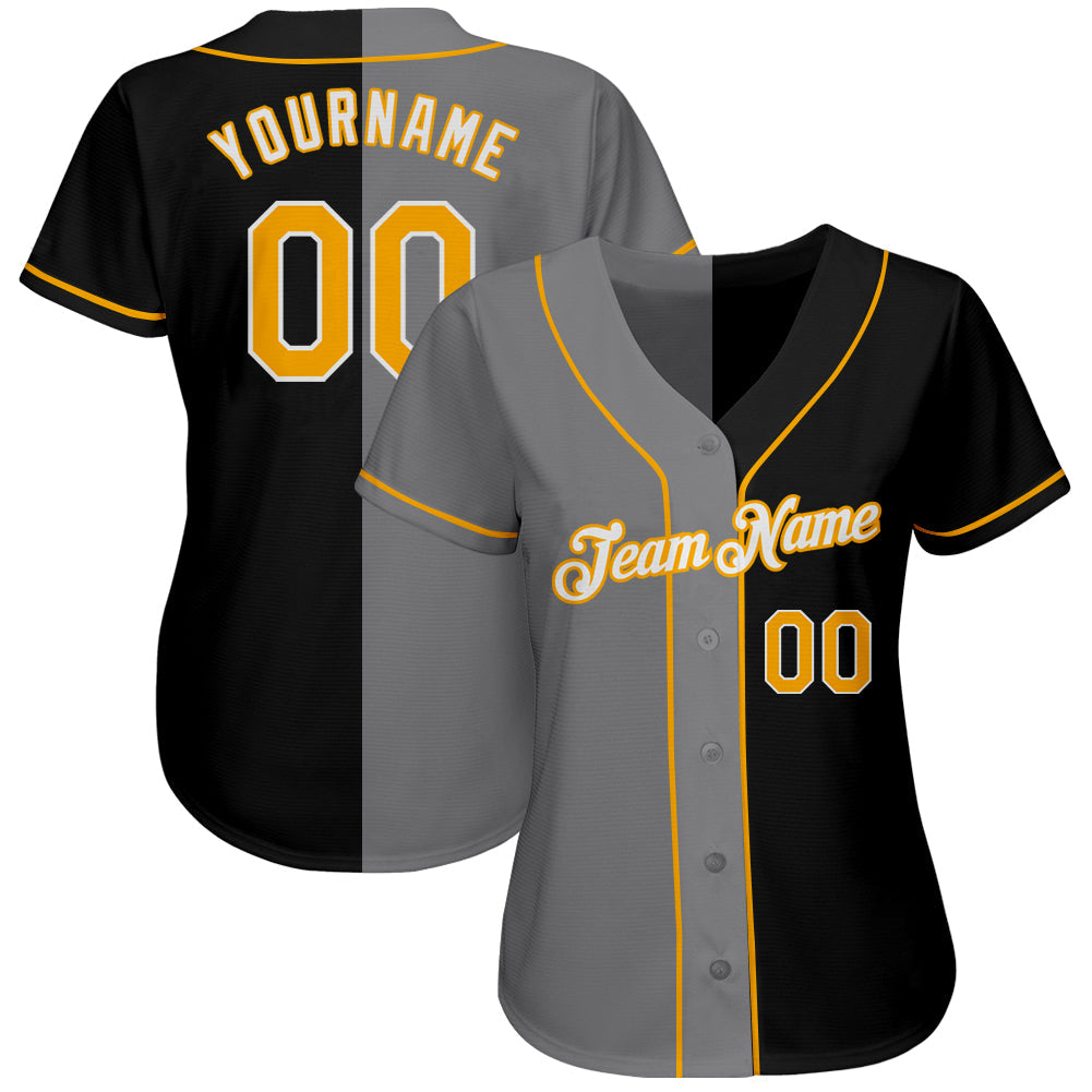 Custom Black Gold-Gray Authentic Split Fashion Baseball Jersey view 2