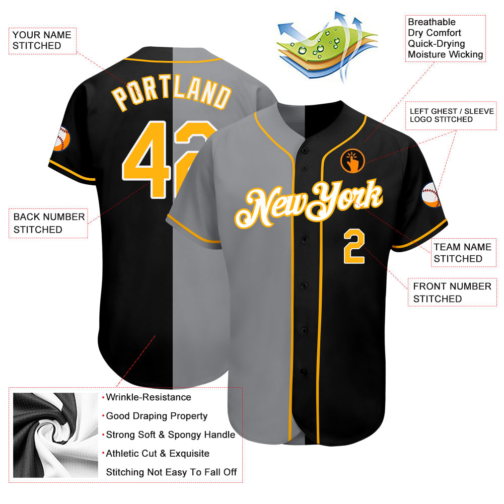 Custom Black Gold-Gray Authentic Split Fashion Baseball Jersey view 3