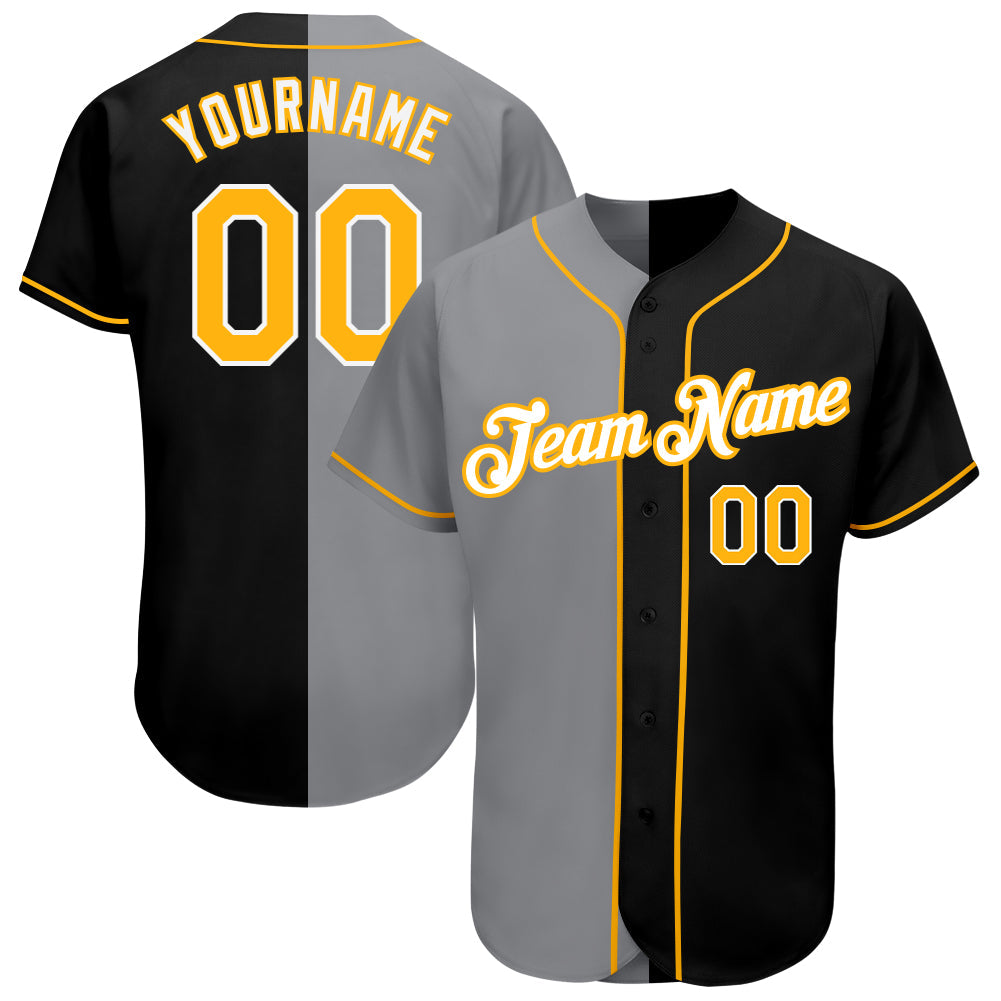 Custom Black Gold-Gray Authentic Split Fashion Baseball Jersey - Main View
