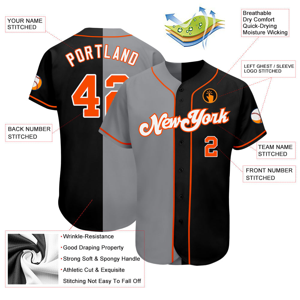 Custom Black Orange-Gray Authentic Split Fashion Baseball Jersey view 3