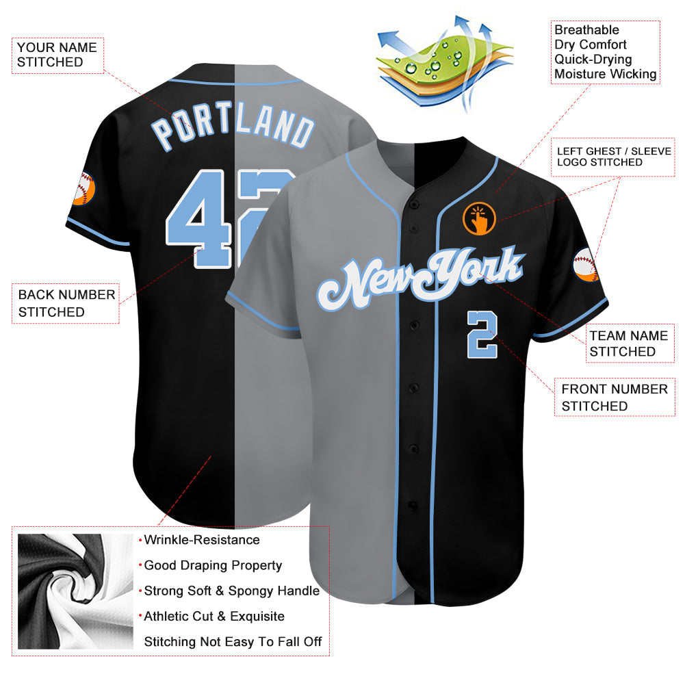 Custom Black Light Blue-Gray Authentic Split Fashion Baseball Jersey view 3