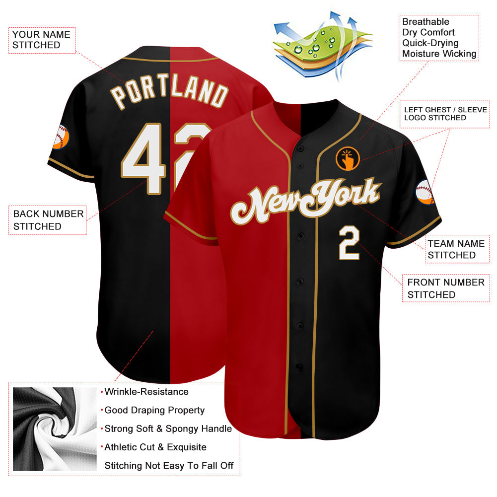 Custom Black White-Red Old Gold Authentic Split Fashion Baseball Jersey view 3