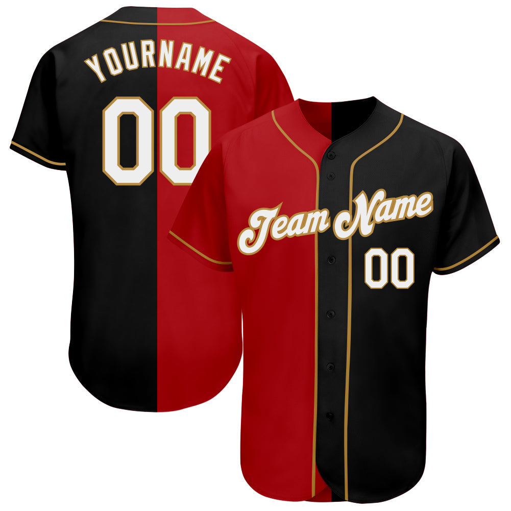 Custom Black White-Red Old Gold Authentic Split Fashion Baseball Jersey - Main View