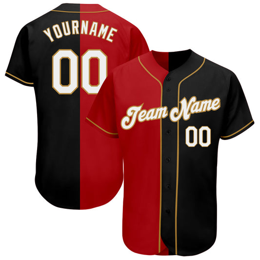 Custom Black White-Red Old Gold Authentic Split Fashion Baseball Jersey - Main View