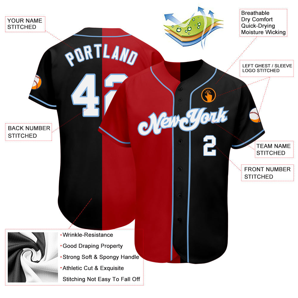 Custom Black White-Red Light Blue Authentic Split Fashion Baseball Jersey view 3