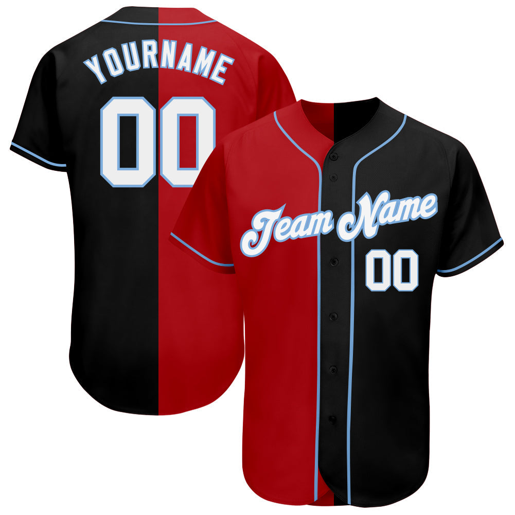 Custom Black White-Red Light Blue Authentic Split Fashion Baseball Jersey - Main View