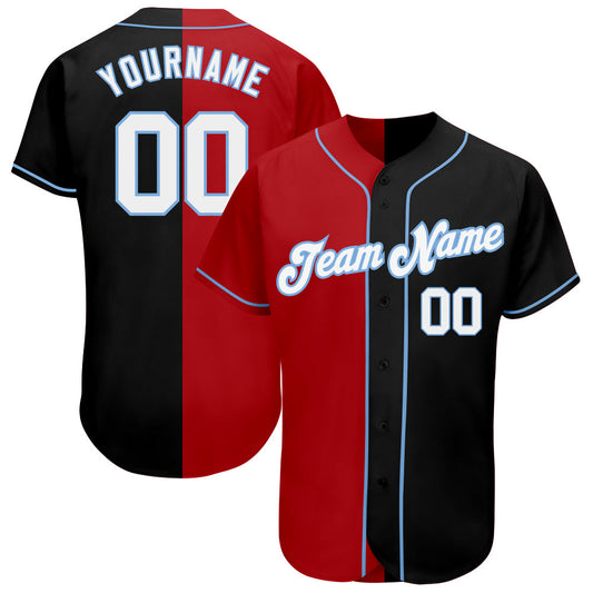 Custom Black White-Red Light Blue Authentic Split Fashion Baseball Jersey - Main View