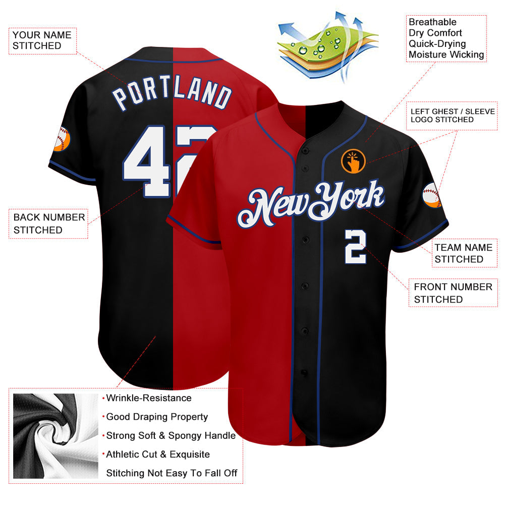 Custom Black White-Red Royal Authentic Split Fashion Baseball Jersey view 3