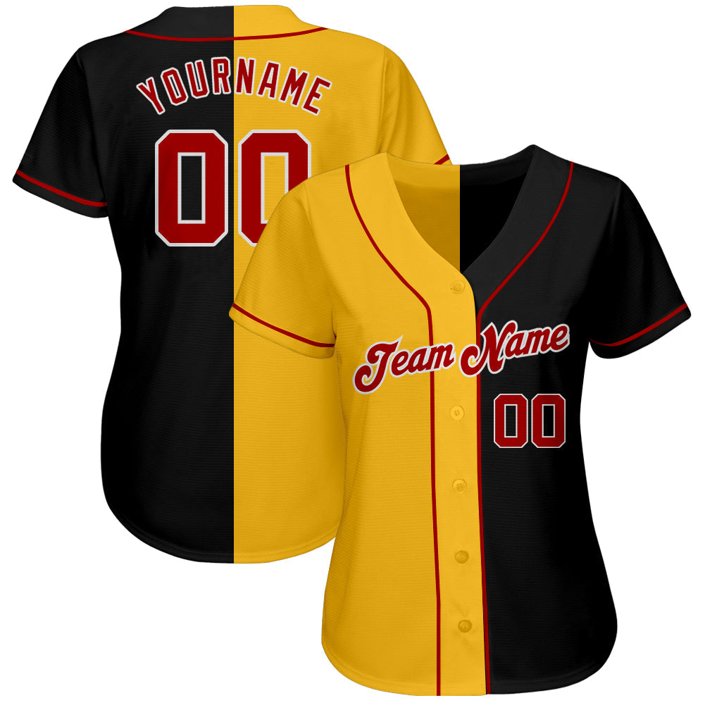 Custom Black Red-Yellow Authentic Split Fashion Baseball Jersey view 2