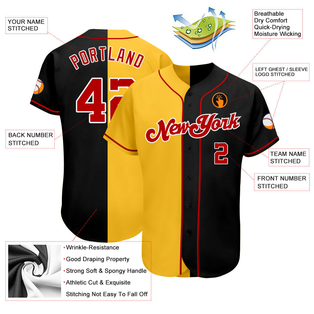 Custom Black Red-Yellow Authentic Split Fashion Baseball Jersey view 3