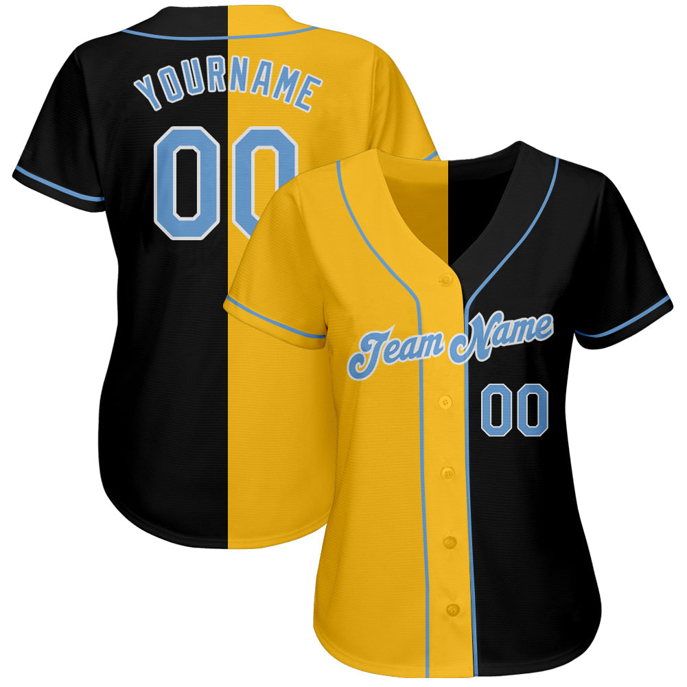 Custom Black Light Blue-Yellow Authentic Split Fashion Baseball Jersey view 2