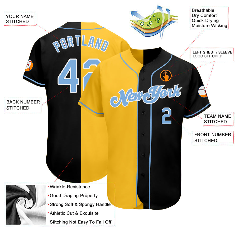 Custom Black Light Blue-Yellow Authentic Split Fashion Baseball Jersey view 3