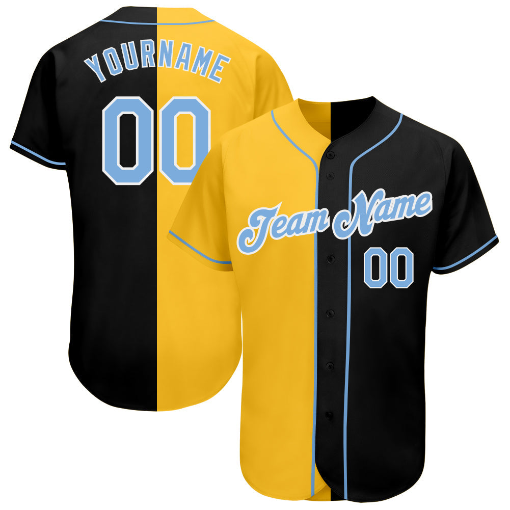 Custom Black Light Blue-Yellow Authentic Split Fashion Baseball Jersey - Main View