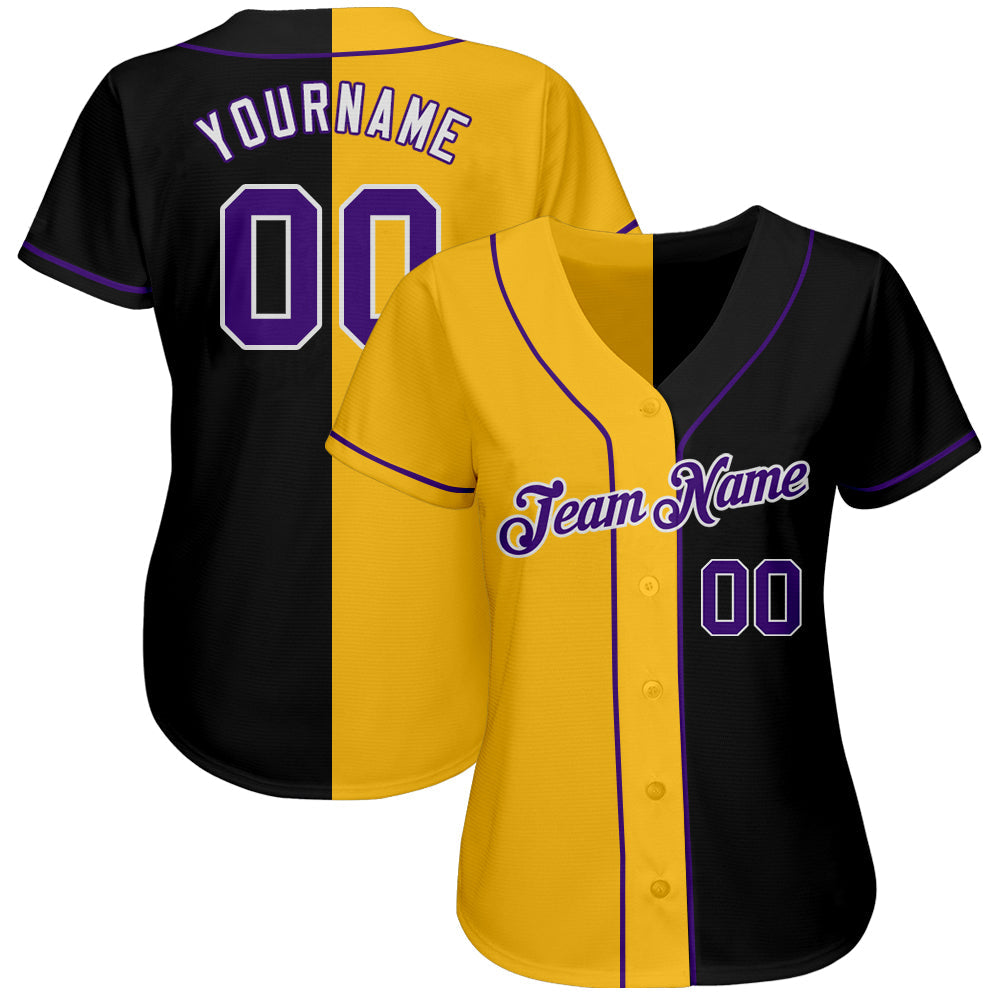 Custom Black Purple-Yellow Authentic Split Fashion Baseball Jersey view 2