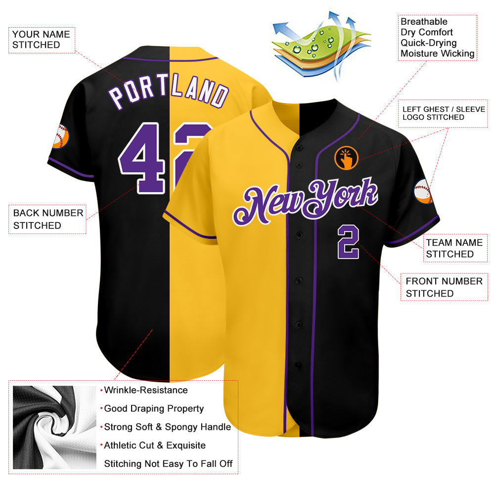 Custom Black Purple-Yellow Authentic Split Fashion Baseball Jersey view 3