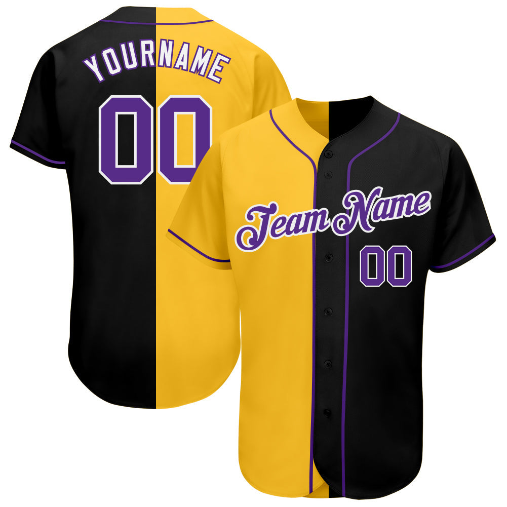Custom Black Purple-Yellow Authentic Split Fashion Baseball Jersey - Main View