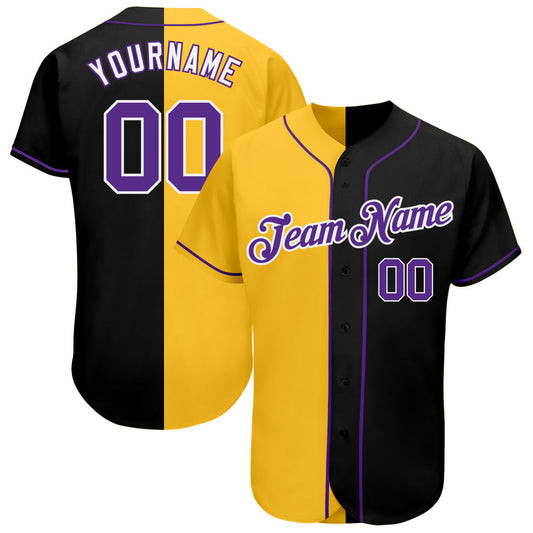 Custom Black Purple-Yellow Authentic Split Fashion Baseball Jersey - Main View
