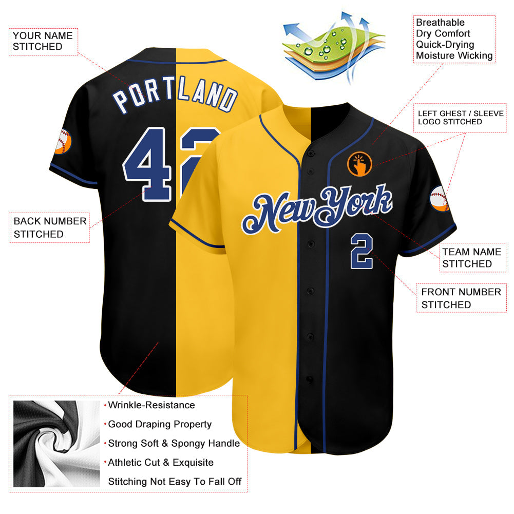Custom Black Royal-Yellow Authentic Split Fashion Baseball Jersey view 3