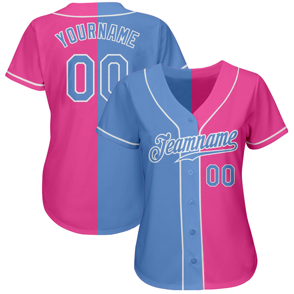 Custom Pink Light Blue-White Authentic Split Fashion Baseball Jersey view 2