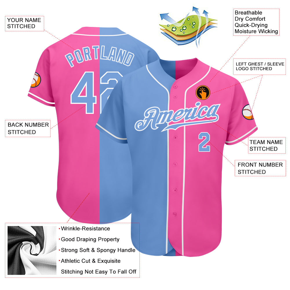 Custom Pink Light Blue-White Authentic Split Fashion Baseball Jersey view 3