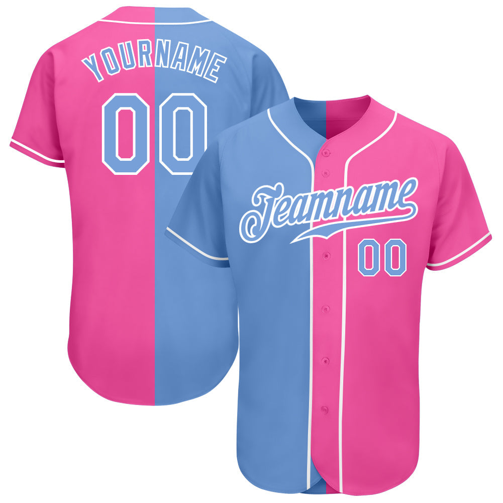 Custom Pink Light Blue-White Authentic Split Fashion Baseball Jersey - Main View