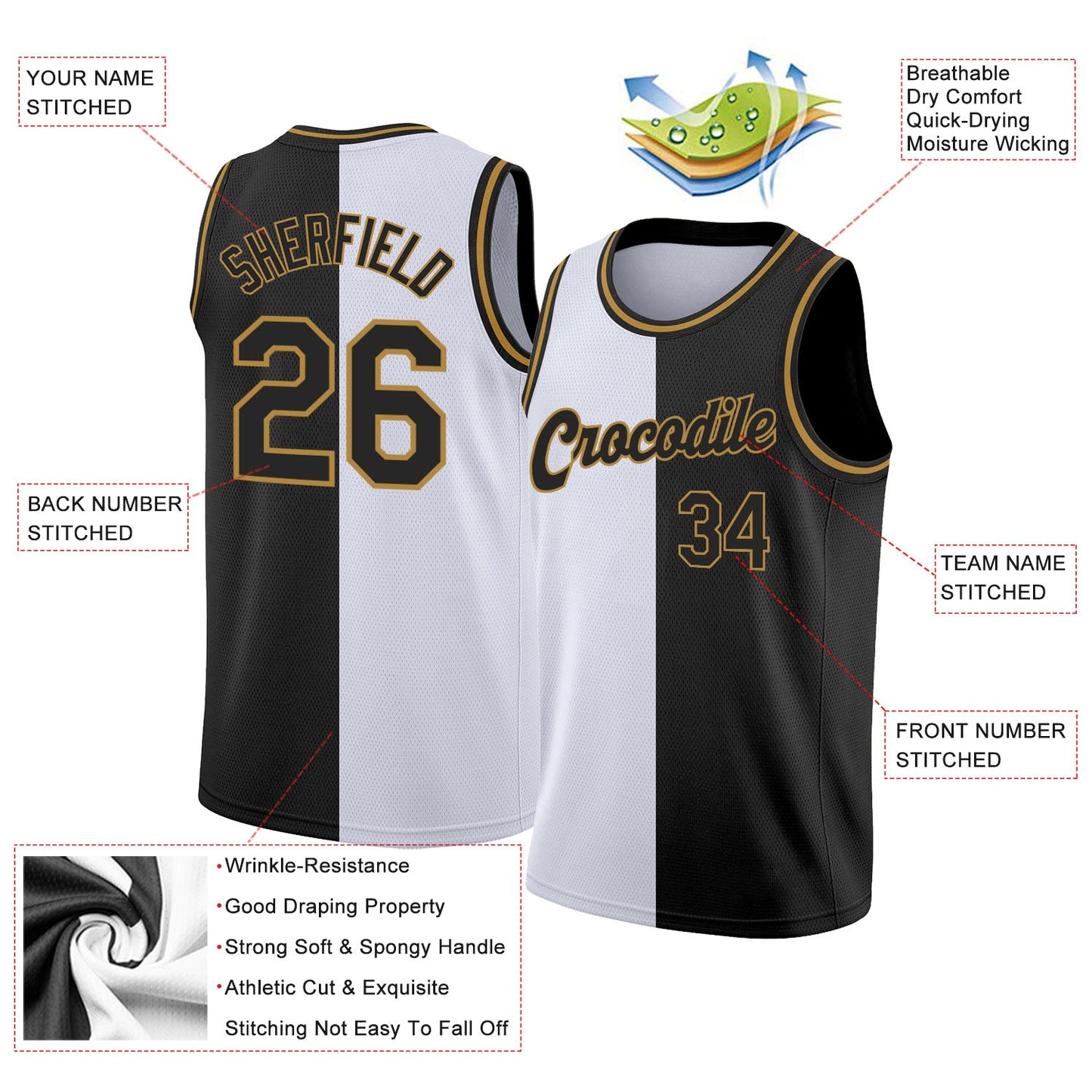 Custom White Black-Old Gold Authentic Split Fashion Basketball Jersey view 2