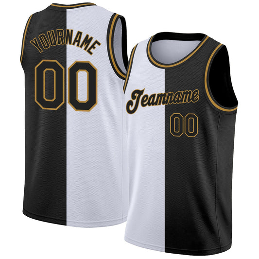 Custom White Black-Old Gold Authentic Split Fashion Basketball Jersey - Main View