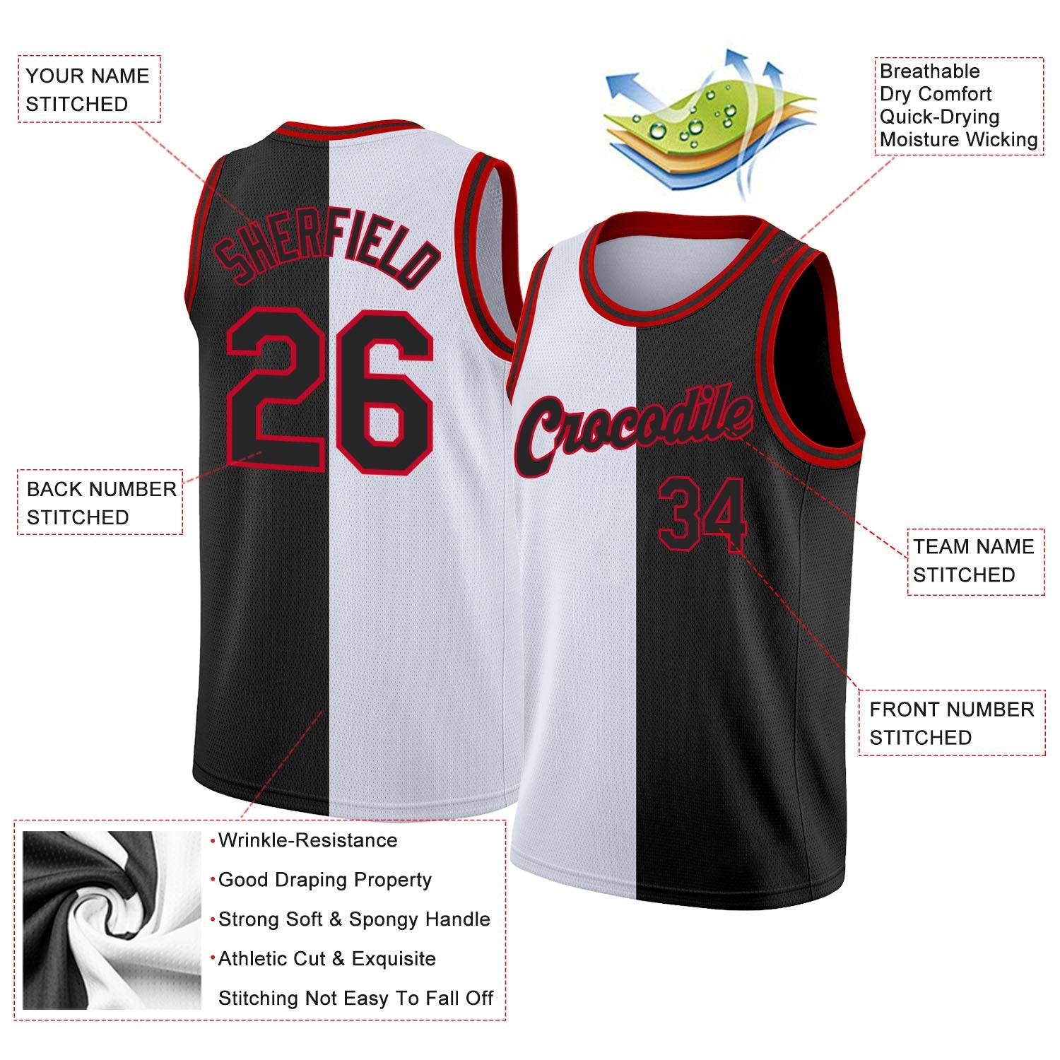 Custom White Black-Red Authentic Split Fashion Basketball Jersey view 2