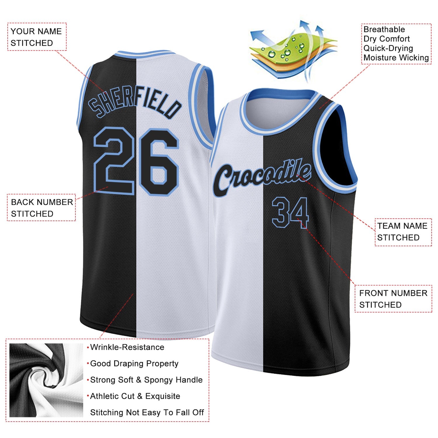 Custom White Black-Light Blue Authentic Split Fashion Basketball Jersey view 2