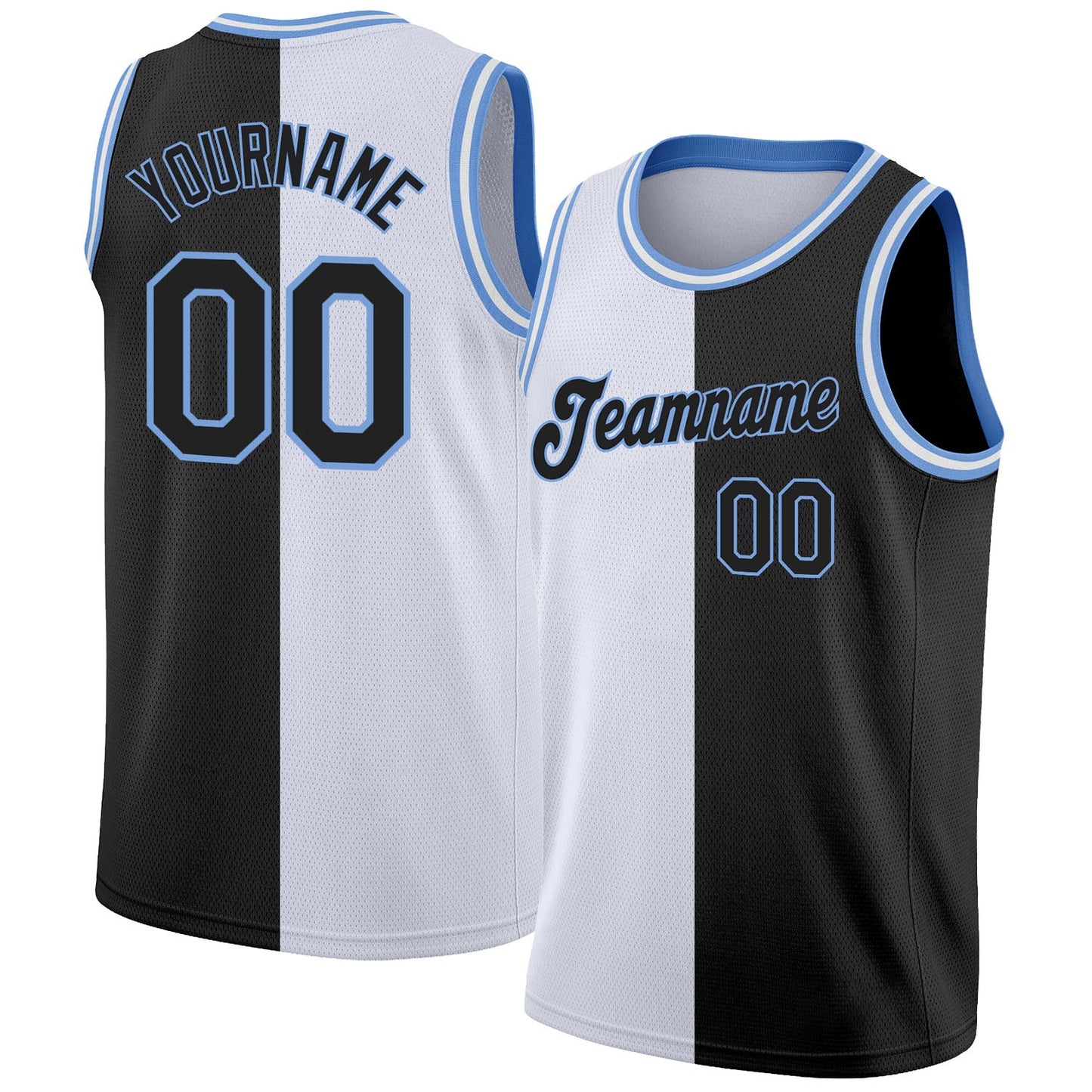 Custom White Black-Light Blue Authentic Split Fashion Basketball Jersey - Main View