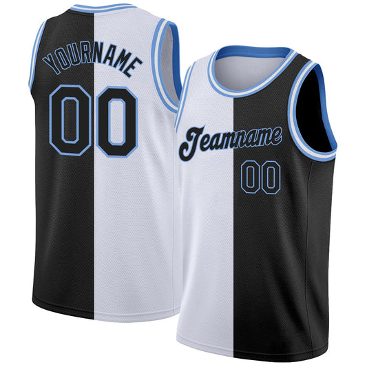 Custom White Black-Light Blue Authentic Split Fashion Basketball Jersey - Main View