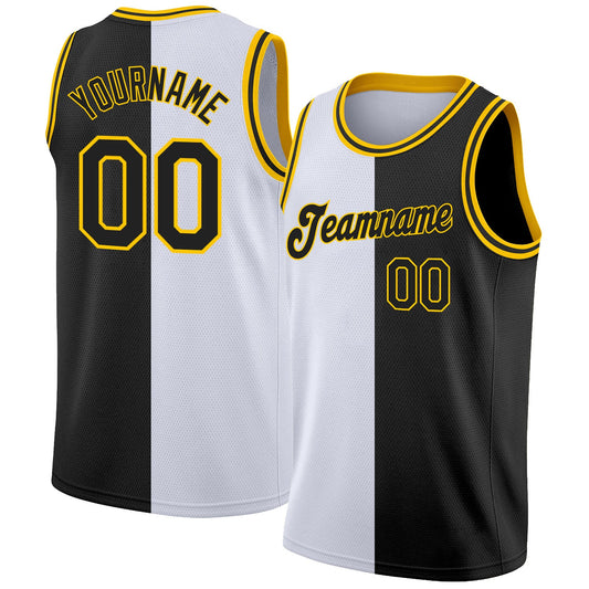 Custom White Black-Gold Authentic Split Fashion Basketball Jersey - Main View