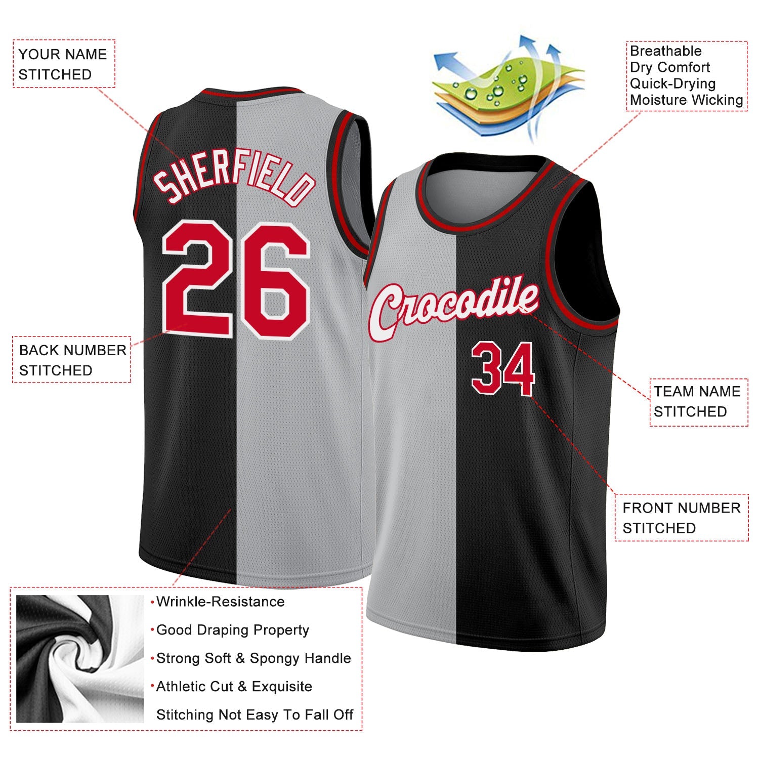 Custom Black Red-Gray Authentic Split Fashion Basketball Jersey view 2
