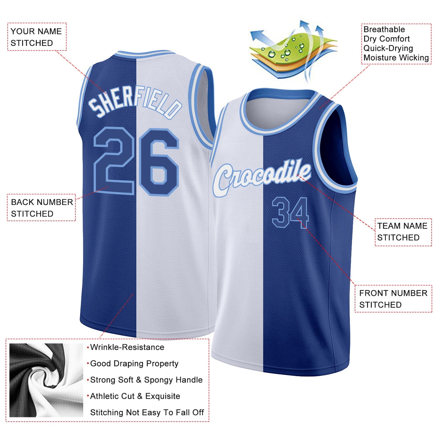 Custom White Royal-Light Blue Authentic Split Fashion Basketball Jersey view 2