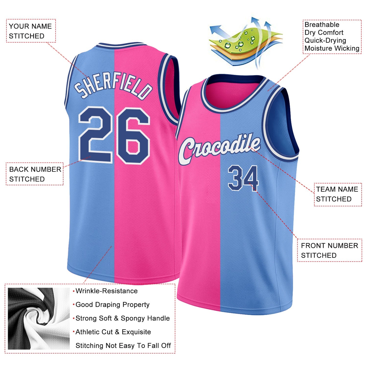 Custom Light Blue Royal-Pink Authentic Split Fashion Basketball Jersey view 3