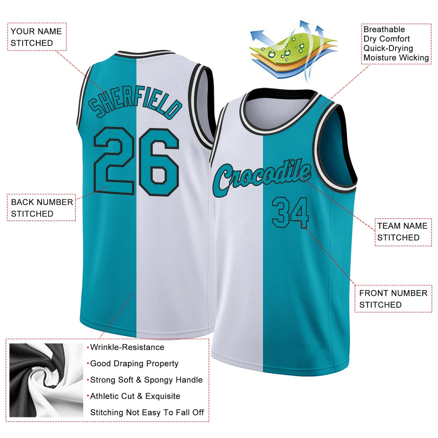 Custom White Teal-Black Authentic Split Fashion Basketball Jersey view 2