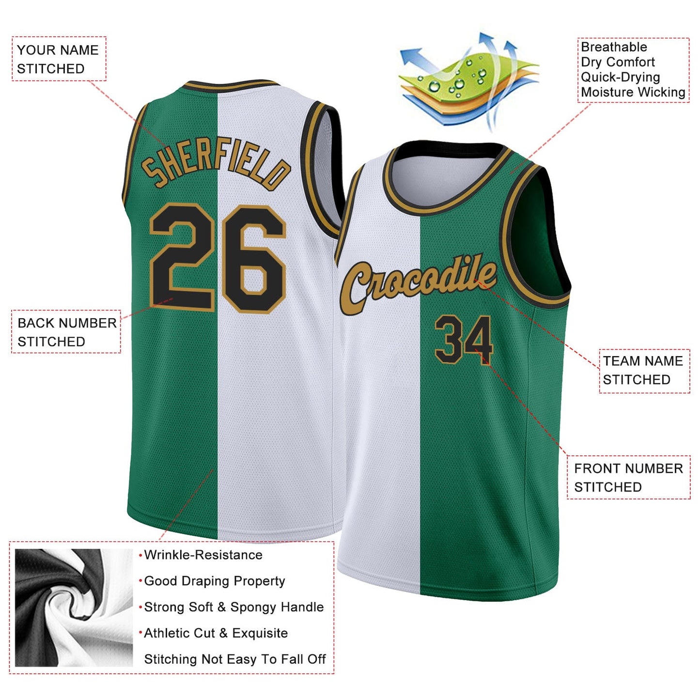 Custom Kelly Green Black-White Authentic Split Fashion Basketball Jersey view 2