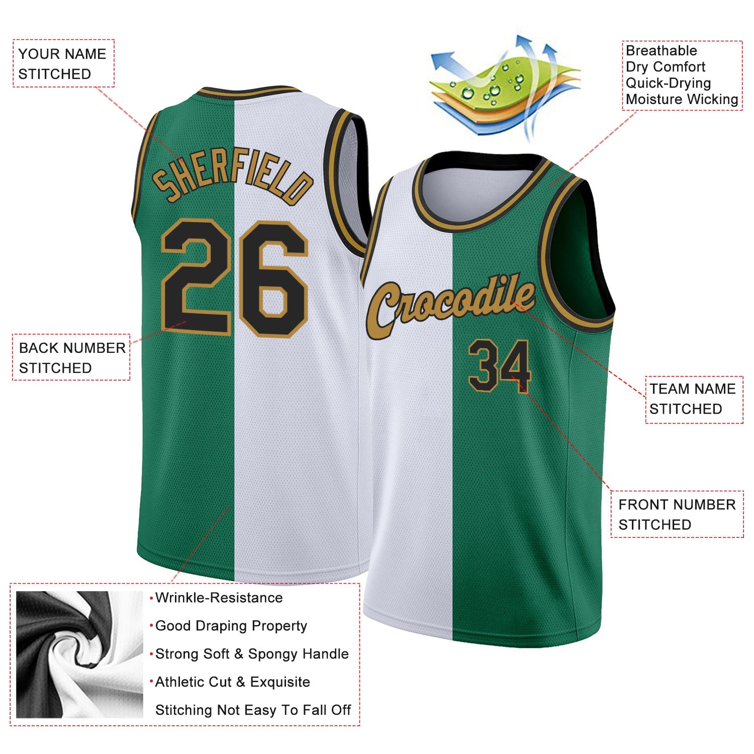 Custom Kelly Green Black-White Authentic Split Fashion Basketball Jersey view 2