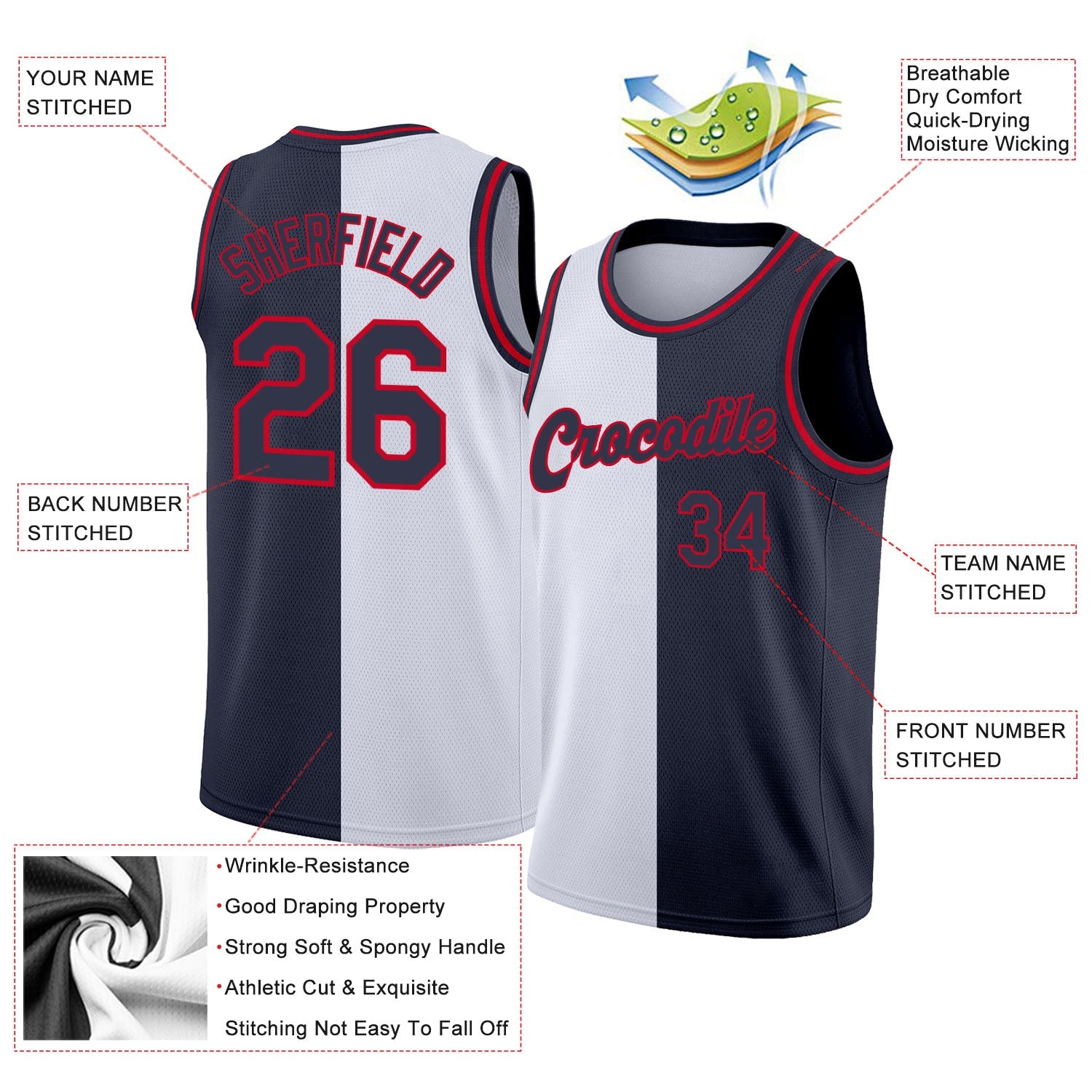 Custom White Navy-Red Authentic Split Fashion Basketball Jersey view 2